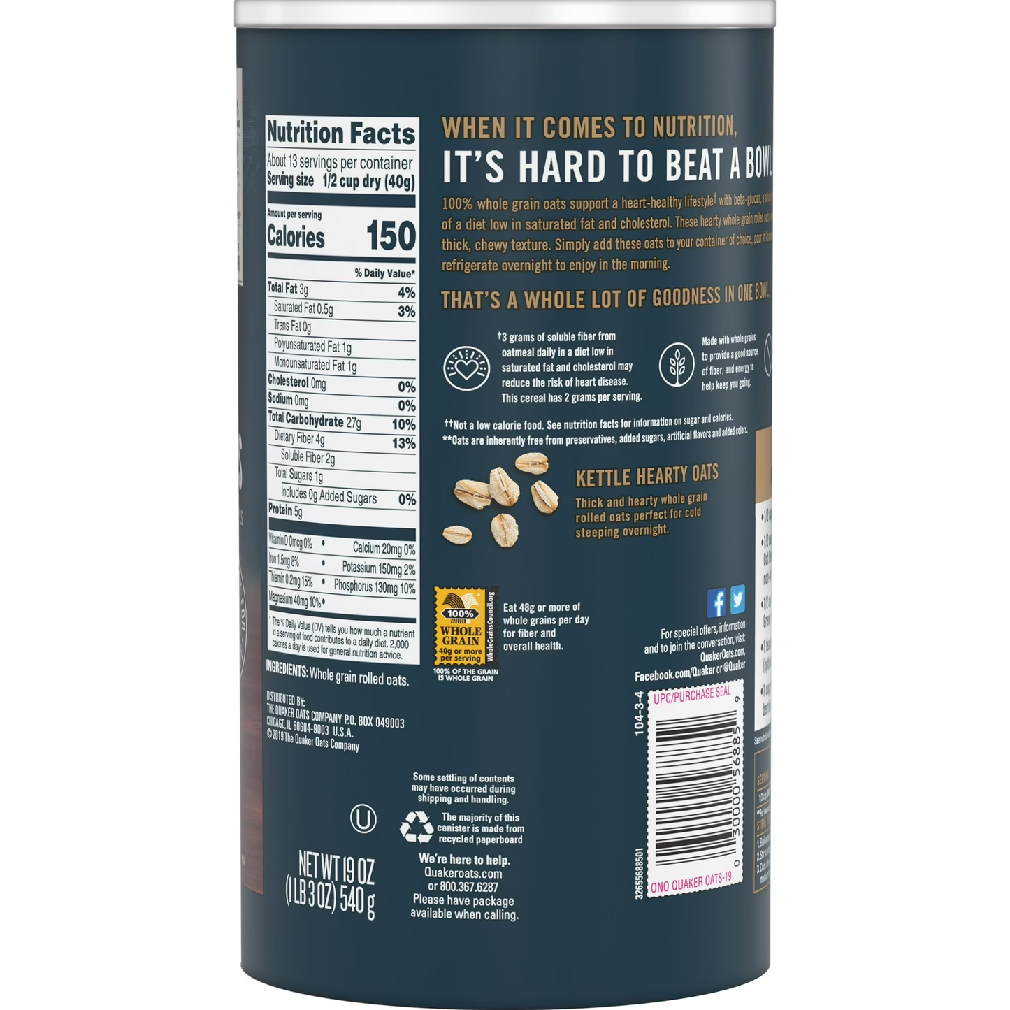 (12 pack) Quaker, Rolled Overnight Oats, Oatmeal, 19 oz