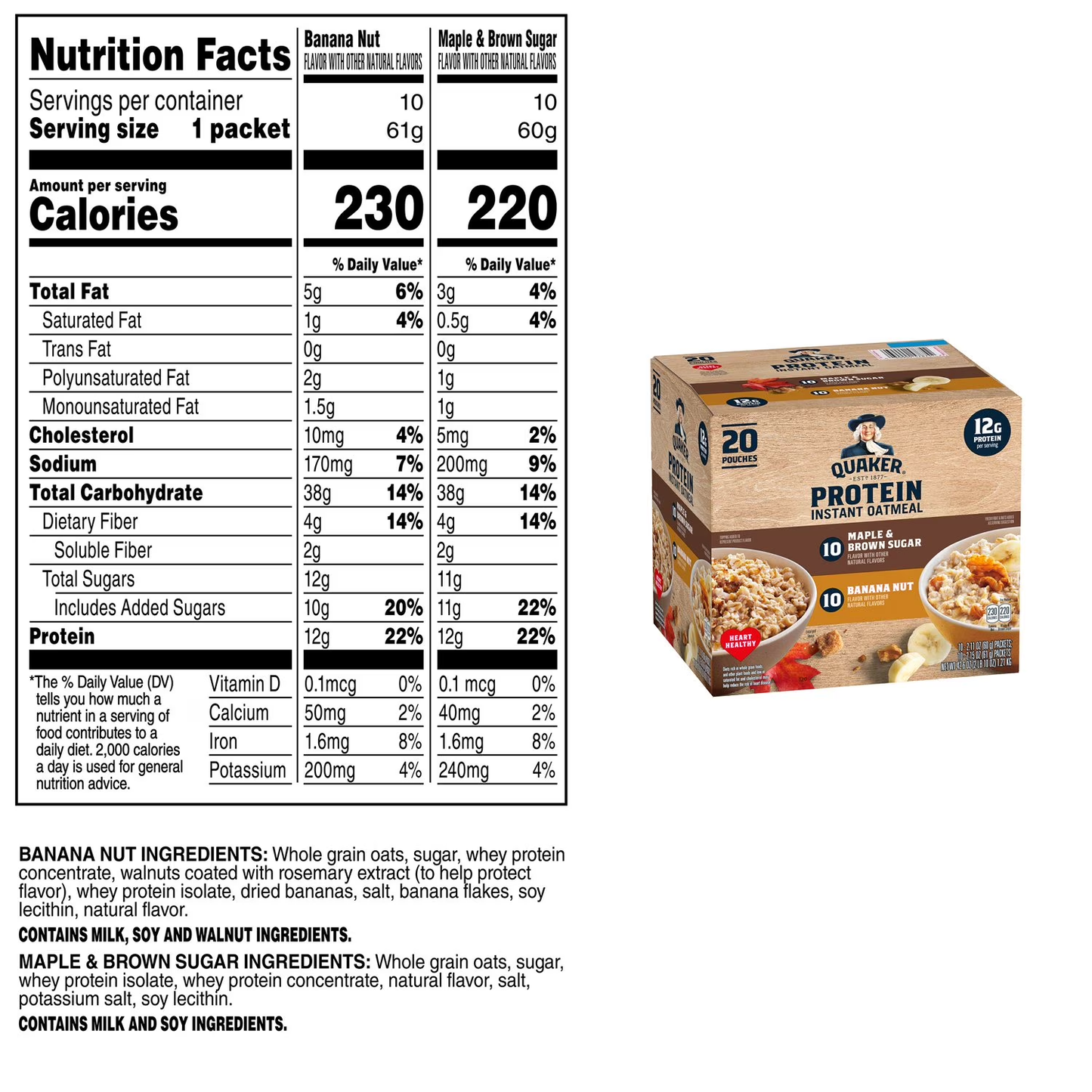 Quaker Instant Protein Oatmeal, Variety Pack, 20 ct.