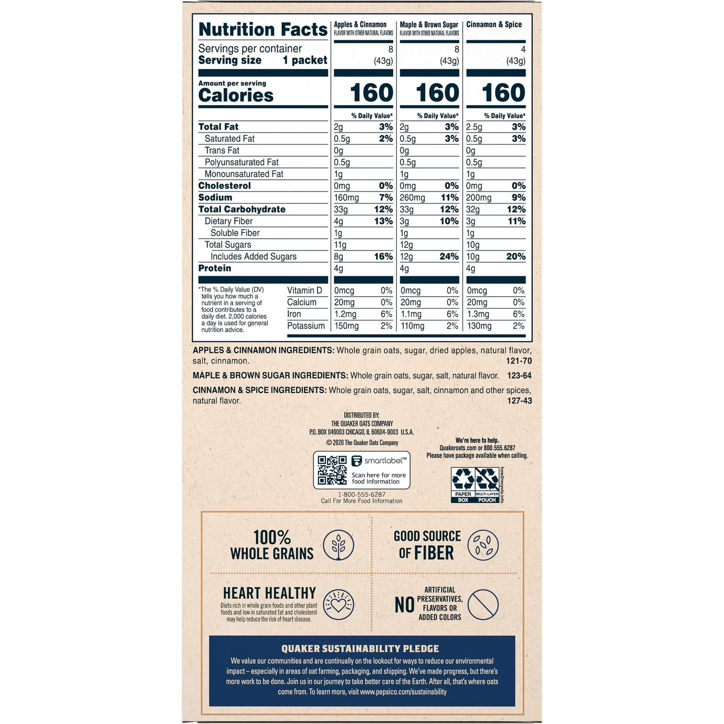 Quaker Instant Oatmeal, Flavor Variety Value Pack, 20 Packets (8 Apples & Cinnamon, 8 Maple & Brown Sugar, 4 Cinnamon Spice)