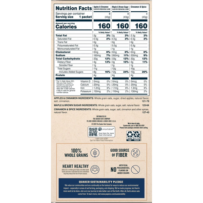 Quaker Instant Oatmeal, Flavor Variety Value Pack, 20 Packets (8 Apples & Cinnamon, 8 Maple & Brown Sugar, 4 Cinnamon Spice)