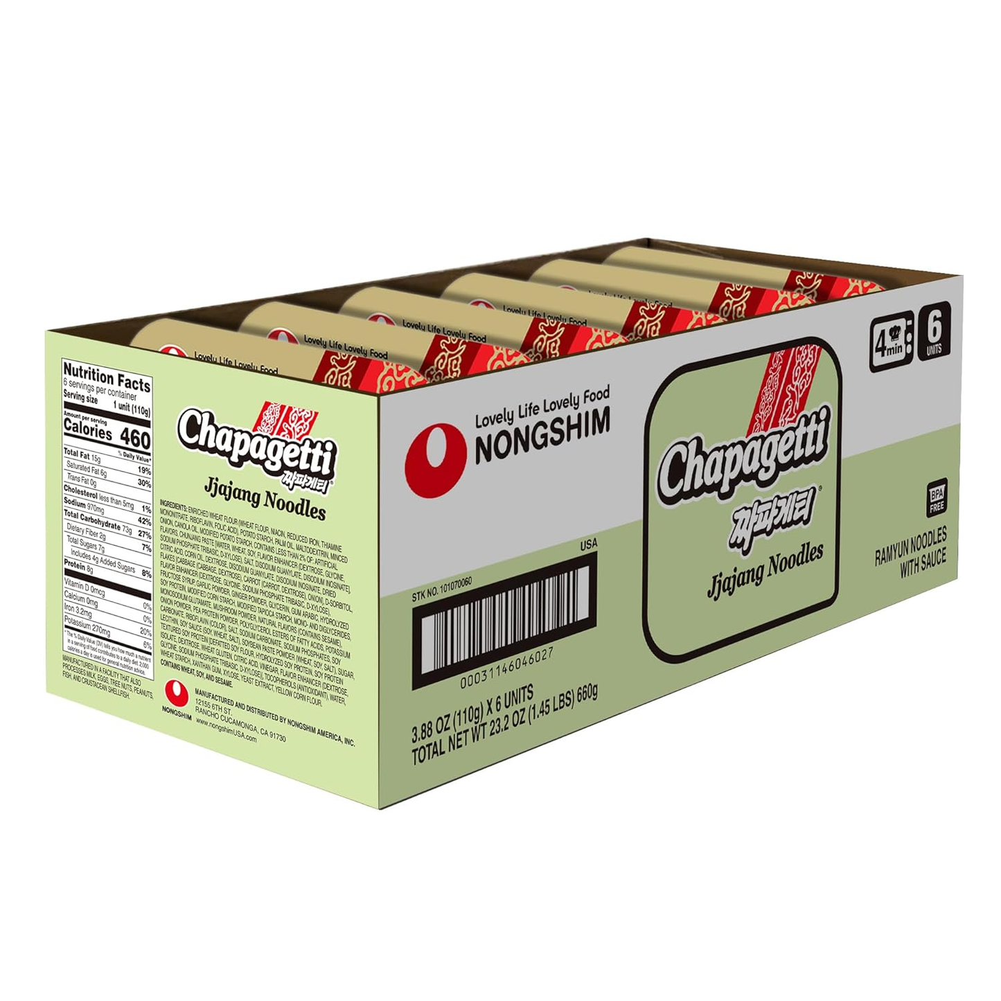 Nongshim Chapagetti Jjajang Noodles, Square Bowl Ramyun Instant Noodles with Sauce, Microwavable, 3.88 oz (Pack of 6)