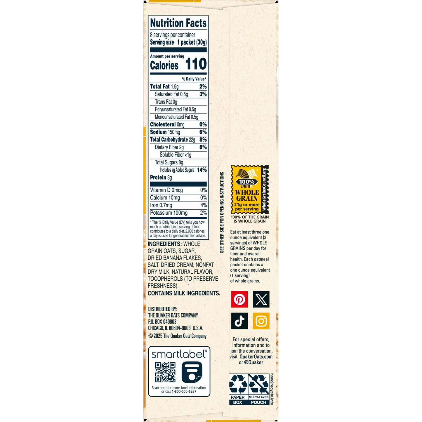 Quaker Instant Oatmeal Bananas & Cream 1.05 Oz 8 Count