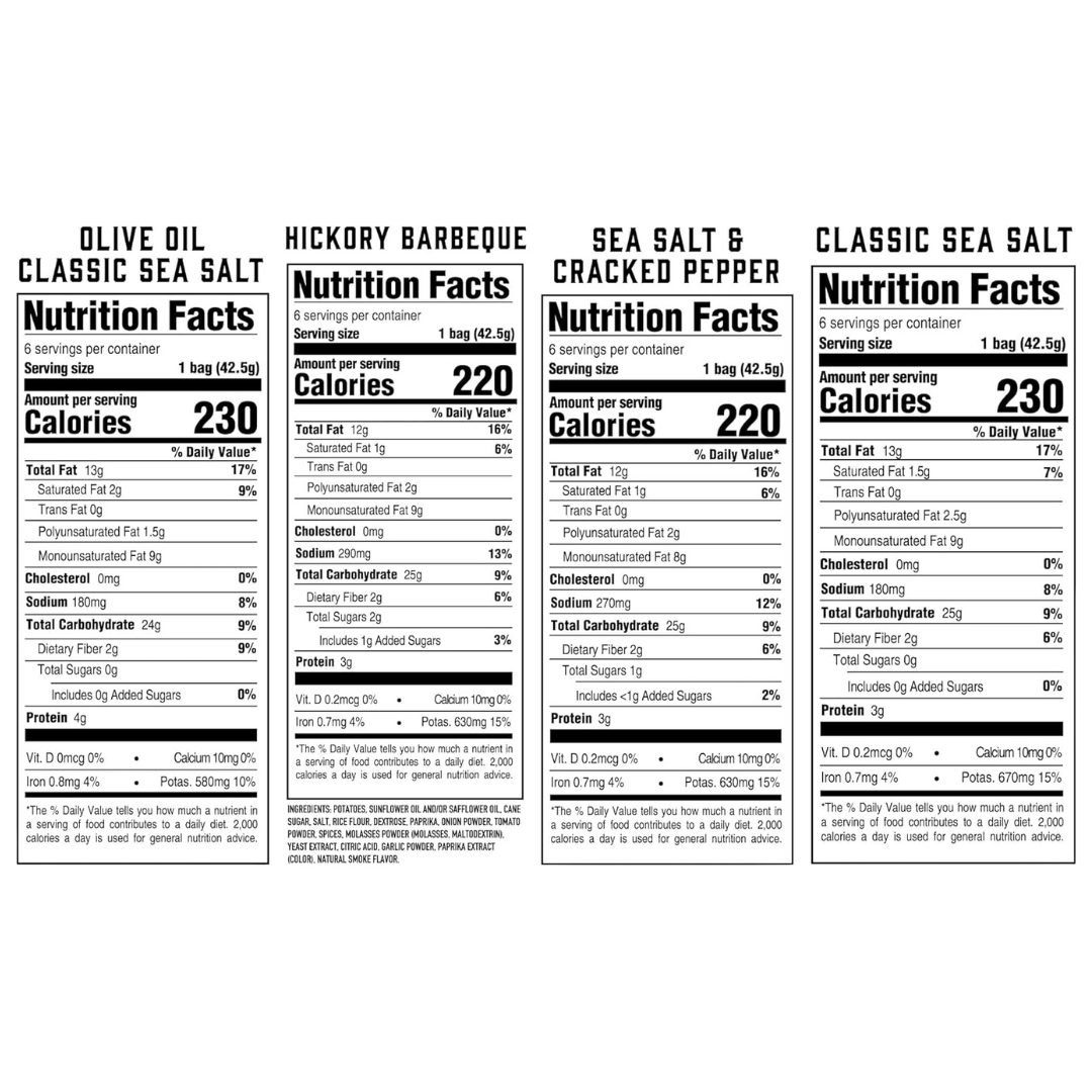 Boulder Canyon Kettle Cooked Potato Chip Variety Pack (24 Individual - 1.5 Oz Bags) of The Following Flavors: Olive Oil, Hickory Barbeque, Sea Salt and Sea Salt & Cracked Pepper