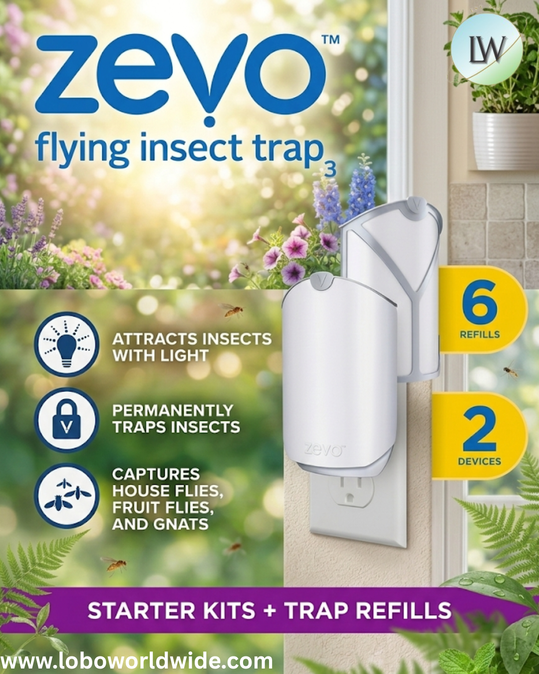 Zevo Flying Insect Trap Starter Kit, 2 Devices + 6 Refills
