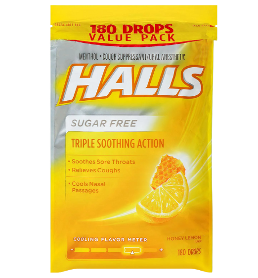 Halls Sugar-Free Honey Lemon Cough Suppressant Drops, 180 ct.